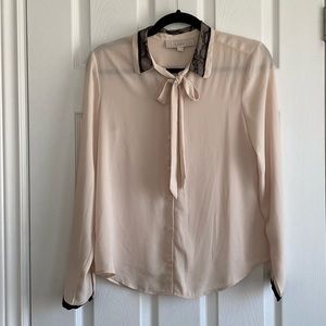 LOFT button up blouse with black lace and trim